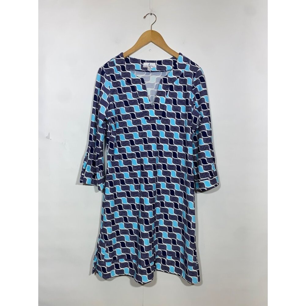 Jude Conally Blue Megan Shift Dress 3/4 Length Sleeves Stretch Notch Neck Large